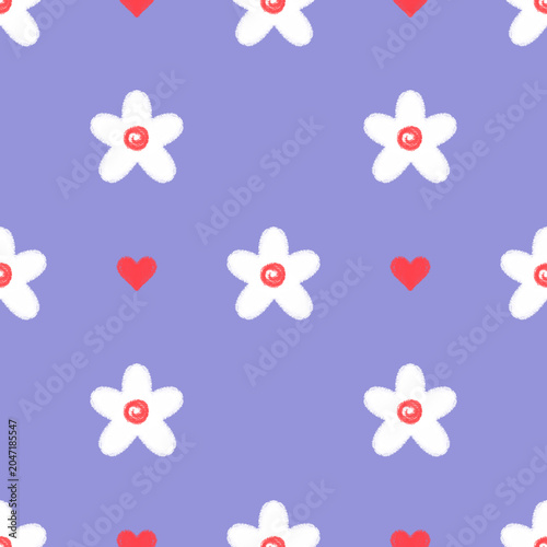 Seamless Pattern with Hand Drawn White Flowers and Red Hearts on Purple Background