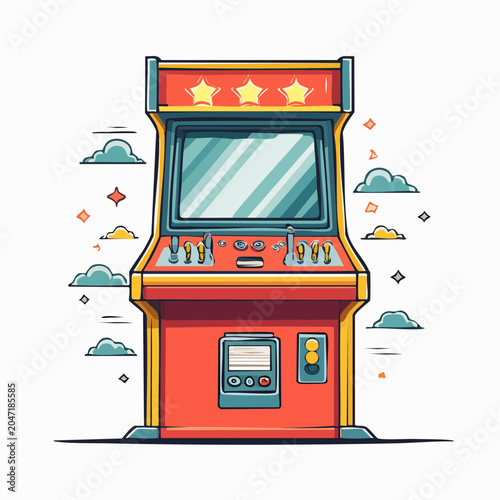 Retro Arcade Game Machine with Stars and Clouds