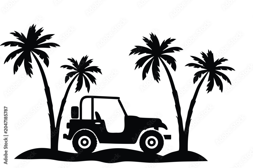 Obraz premium Tropical island getaway, black silhouette jeep, palm trees landscape, vector illustration