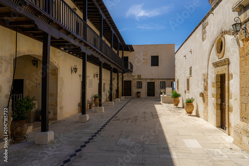 Courtyard of Monastery of Our Lady of Gonia on the southeast coast of the Rodopos peninsula in Crete.