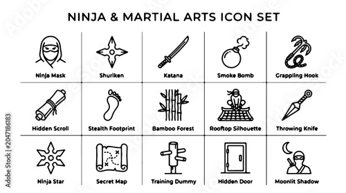 Foto Ninja, martial arts icons, 20 black vector symbols, set for design, illustration