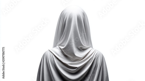 Mysterious figure draped in white fabric, back view, isolated on white background
