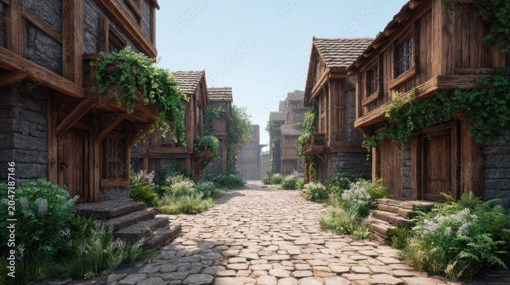 Fototapeta premium Charming cobblestone street lined with ancient timber-framed houses and lush greenery