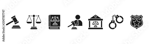 Foto Legal and justice icons featuring Gavel, Scales of Justice, Law Book, Judge, Court, Handcuffs, Police Badge