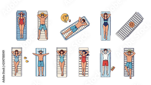 Photos People relaxing on beach towels in various summer poses on sand