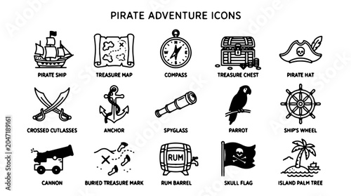 Schilderij op canvas Pirate icons, adventure symbols, treasure map, compass, pirate ship