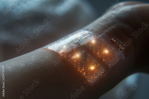 Close up of a dual-segment medical smart patch on a human arm for vital signs monitoring. Futuristic transparent biochip with glowing orange sensor matrix, innovative biotechnology concept