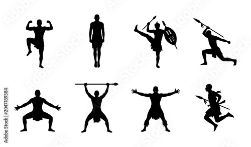 Fotografía Warrior Silhouettes, African Tribal Figures, Dynamic Poses, Ancient Combatants,