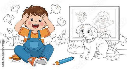 Young Boy Coloring with Dog.