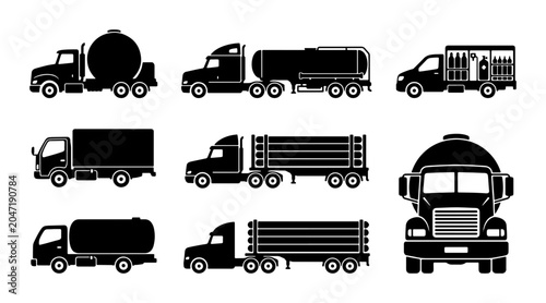Foto Set of 8 Black Truck Icons: Tanker, Box, Flatbed, Delivery Vehicles