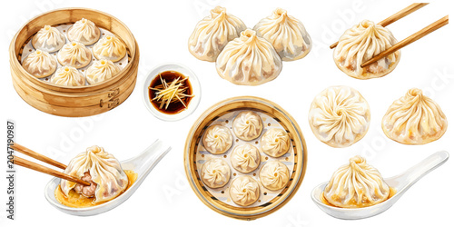 Tableau sur toile 小籠包のイラストセット,水彩風のショウロンポウと中華セイロ,点心メニューや台湾グルメの肉汁スープ素材集,手描きベクター