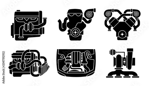 Obraz na płótnie Automotive Engine Icons Set, Turbocharged V6 and V8 Motor Illustrations, Mechani