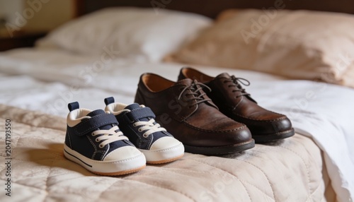 A tender moment captured: a pair of small baby shoes sits next to adult brown leather dress shoes on a soft, quilted bedspread, symbolizing family, growth, and paternal love