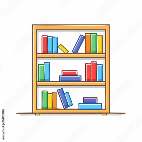 Flat design illustration of a wooden bookshelf filled with colorful