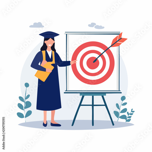 Graduated woman points to target with arrow