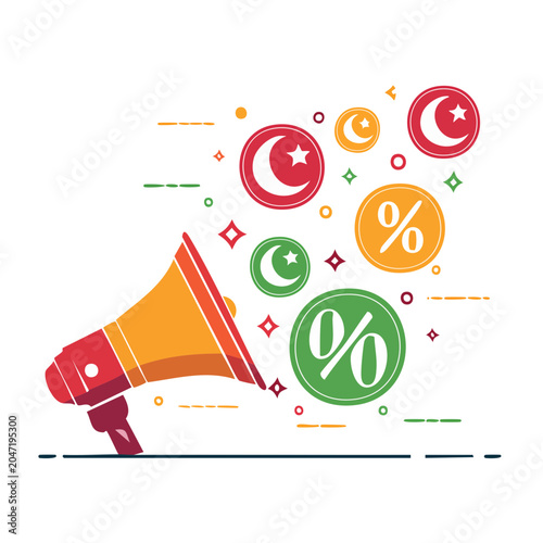 Megaphone announcing discounts with symbols
