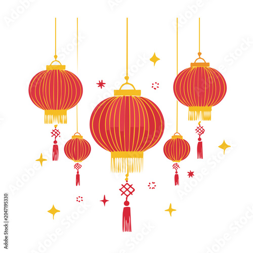 Red Chinese Lanterns with Yellow Accents and Stars