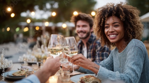 Friends enjoying a celebratory toast with white wine at an outdoor dinner party