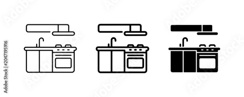 Foto Kitchenette Icons: Sink, Stove, Oven, and Hood Set, Outline and Solid Styles