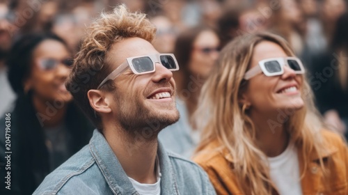 Young people wearing eclipse glasses and smiling while watching a celestial event