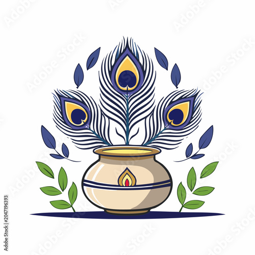Peacock Feathers in a Pot with Leaves and Flame