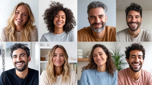 Diverse group of eight people smiling and looking at the camera in a grid layout