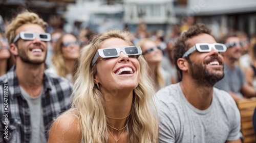 Excited crowd wearing eclipse glasses watches solar event with joy and wonder