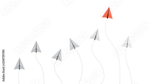 Fotografie Paper airplanes flying on blue sky with form of growing graph