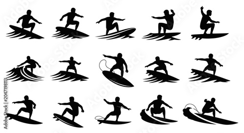 Silhouettes of surfers on waves.
