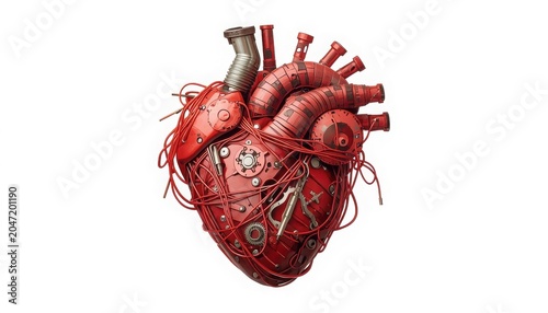 A highly detailed mechanical heart with wires and tubes on isolated white background