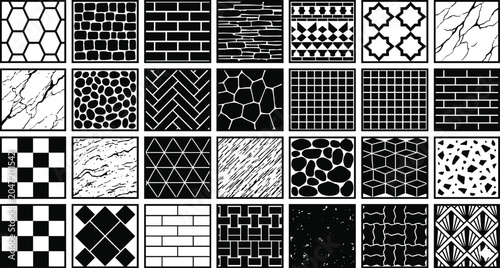 Architectural floor textures and paving patterns, 28 vector swatches of stone, brick, and marble tiles, black and white geometric surface materials