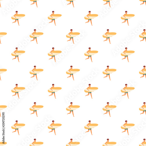 Photography Seamless pattern with cartoon surfers walking, ready for summer beach surfing