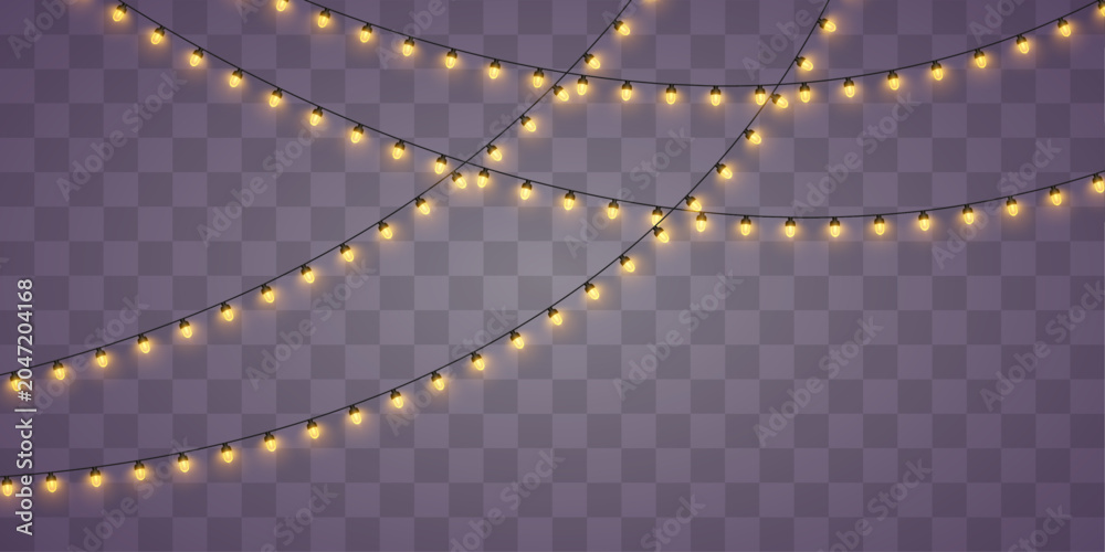 Fototapeta premium Christmas garland string lights PNG. Golden glowing LED lamps and luminous yellow bulb decoration isolated on transparent background. Xmas realistic vector design for greeting card and poster.