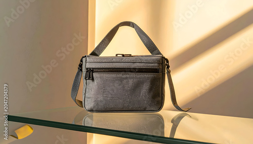 Gray leather messenger bag on glass.