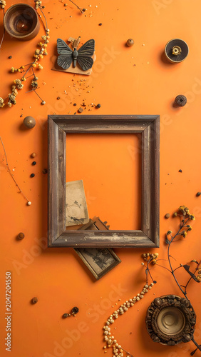Vintage frame with jewelry on orange.