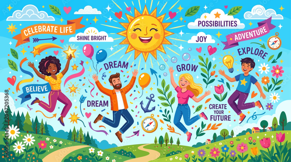 Fototapeta premium A vibrant illustration depicting four diverse people joyfully jumping in a colorful landscape under a smiling sun, surrounded by inspiring words and symbols of happiness, growth, and adventure.