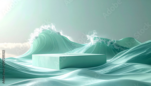 Teal ocean waves with rectangular platform.