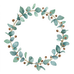 Circular eucalyptus wreath with green leaves watercolor