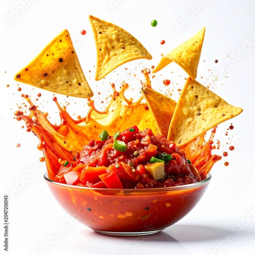 Tortilla chips falling into a bursting salsa dip, creating a dynamic splash of spicy flavor on white background