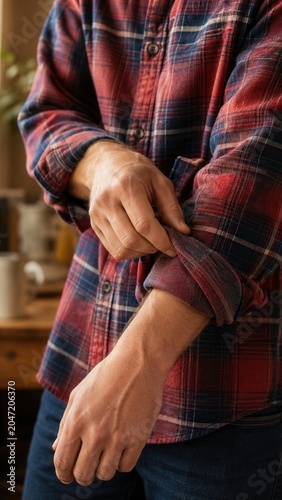 Man Rolling Up Red Plaid Shirt Sleeve