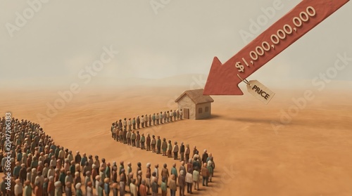 Minimal 3D crowd queuing in a long line toward a small house model under a large red downward price arrow in a desert sand landscape, concept of real estate market crash and housing crisis.