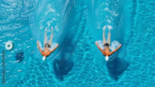 Synchronized swimmers performing in clear blue pool