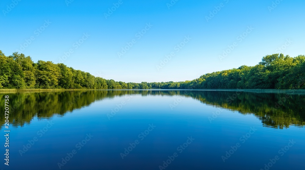 Fototapeta premium Calm lake reflecting a clear blue sky, still water, tranquil scenery,