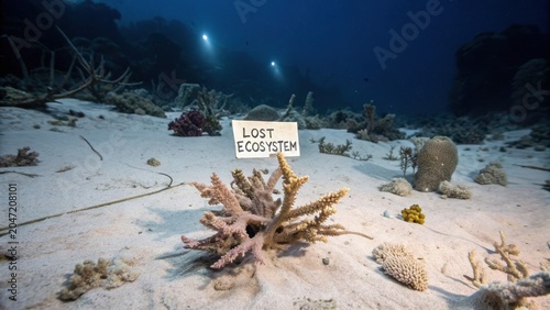 Underwater Scene with Coral and Sign About Lost Ecosystem