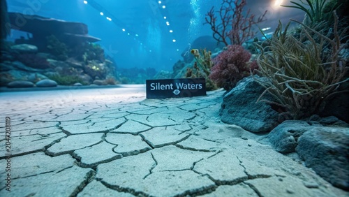 Underwater Scene with Dry Cracked Ground and Marine Life Display