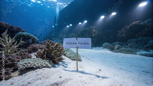 Underwater Scene with Sign Marking Ocean Fades in Coral Reef