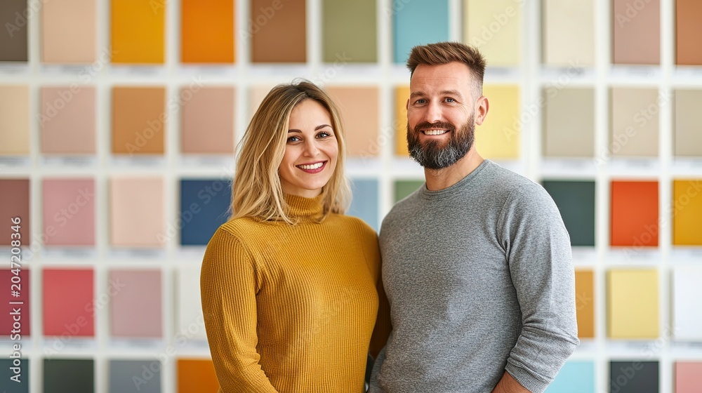 Fototapeta premium Couple choosing paint samples for home renovation, design decision,