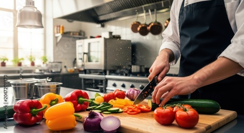 Chef meticulously chopping fresh colorful vegetables in a professional kitchen setting