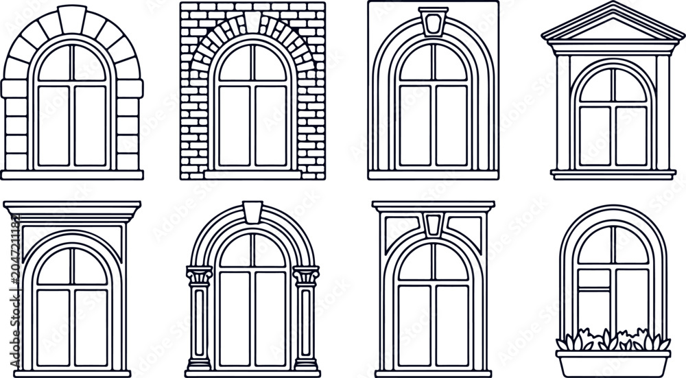 Naklejka premium Ornate architectural window designs with stone brick and classical columns for building facades.