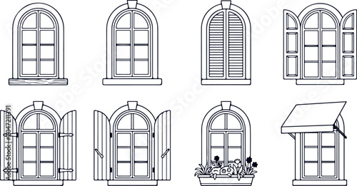 Konstfotografi Set of arched windows with various designs architectural elements and shutters vector illustrations